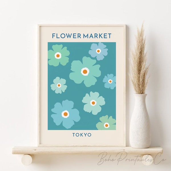 Tokyo Flower Market Print, Teal Flower Market Exhibition Poster, DIGITAL DOWNLOAD, Aesthetic Gallery Wall Print, Floral Printable Wall Art