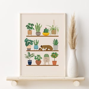 House Plants Print, Sleeping Dog and Plants Printable Wall Art, DIGITAL DOWNLOAD, Plant Lover Poster