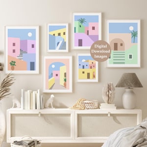 Pastell Print Set von 6, Retro Architektur DRUCKBARE Wandkunst, DIGITAL DOWNLOAD, Pastell Wand-Dekor, Vintage Stil Poster, Santorini Wandkunst