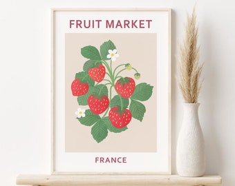 Stampa fragola, Fragole Fruit Market Print, DOWNLOAD DIGITALE, Arte murale stampabile astratta, Stampa illustrazione frutta, Poster botanico