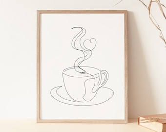 May include: A black and white line drawing of a coffee cup with steam in the shape of a heart. The drawing is framed in a light wood frame and is hanging on a white wall.