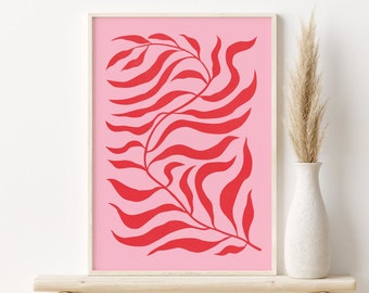 Pink and Red Botanical Print, Abstract Leaf Printable Wall Art, DIGITAL DOWNLOAD, Matisse Style Botanical Poster, Modern Wall Decor