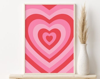 Pink and Red Retro Heart Print, DIGITAL DOWNLOAD, Psychedelic Heart Printable Wall Art, Trendy 60s 70s Wall Art, Groovy Heart Poster