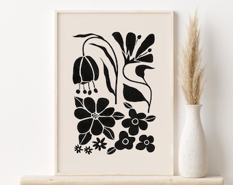Svartbeige abstrakta blommor tryck, bohemisk botanisk utskrivbar väggkonst, digital nedladdning, neutral blommig illustration, bohemisk väggdekor
