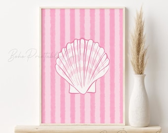 Impresión de conchas marinas, arte de pared imprimible de moda costera rosa, arte de habitación playera, DESCARGA DIGITAL, arte de conchas marinas, arte de pared de verano, decoración de dormitorio preppy