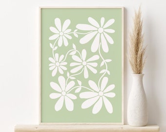 Impressão de flores abstratas, arte de parede para impressão de margaridas verde-sálvia, DOWNLOAD DIGITAL, arte de parede de margaridas, ilustração floral, decoração de parede boho
