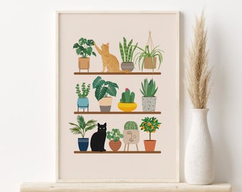 Peut inclure: Une impression encadrée d'un chat noir assis sur une étagère avec une variété de plantes en pot, dont un chat, un cactus et un petit oranger. L'étagère est brune et l'arrière-plan est beige clair.