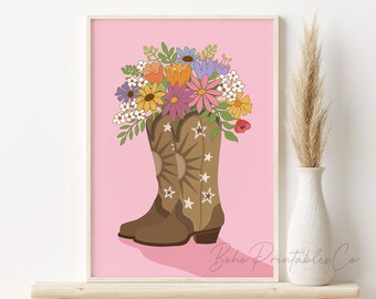 Pink Cowgirl Boots Flowers Print, DIGITAL DOWNLOAD, Retro Cowboy Boots Printable Wall Art, Preppy Western Print, Retro Wall Art, Dorm Decor