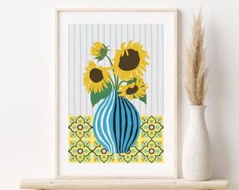 Sunflower Printable Wall Art, Sunflowers in Vase Print, DIGITAL DOWNLOAD, Abstract Flowers Print, Floral Wall Art, Boho Wall Decor