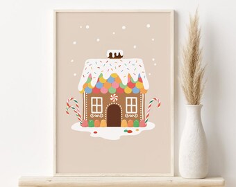 Gingerbread House Print, Christmas Printable Wall Art, Holiday Poster, DIGITAL DOWNLOAD, Boho Holiday Decor