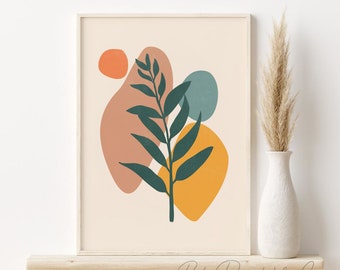 Boho Leaf Print, Abstract Botanical Printable Wall Art, DIGITAL DOWNLOAD Teal Terracotta Mustard Wall Art, Boho Wall Decor, Botanical Poster