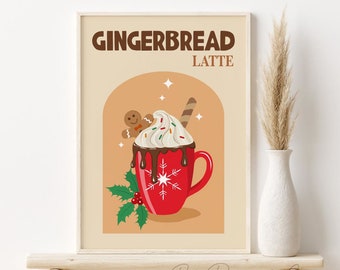 Peperkoek latte print, kerstkoffie afdrukbare muurkunst, digitale DOWNLOAD, feestelijke mok print, retro koffie poster, bord Hot Cocoa Bar