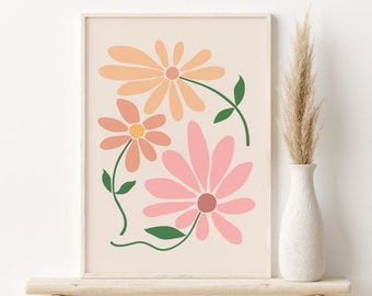 Pastel Daisy Digital Print, Abstract Flowers Wall Art, Boho Printable Art, DOWNLOADABLE ART, Flower Market Print, Floral Wall Decor