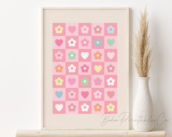 Checkerboard Print, Pink Retro Printable Wall Art, DIGITAL DOWNLOAD, Flowers Hearts Check Print, Y2K Groovy Poster, Dorm Room Decor