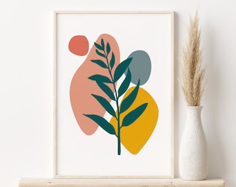 Abstrakcyjny boho wydruk liści, cyfrowe pobieranie, botaniczna sztuka ścienna do druku, pomarańczowa musztardowa turkusowa sztuka nowoczesna z połowy wieku, dekoracja ścienna boho