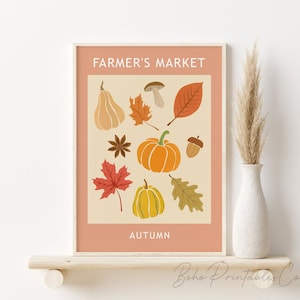 Impresión de mercado de agricultores, arte de pared imprimible de otoño, DESCARGA DIGITAL, arte de pared con hojas de otoño y calabaza, impresión acogedora de otoño, decoración de pared bohemia