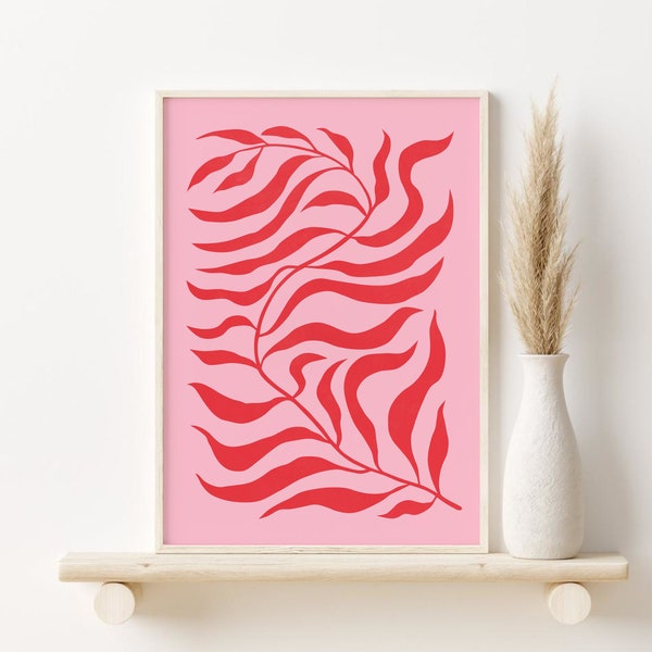 Pink and Red Botanical Print, Abstract Leaf Printable Wall Art, DIGITAL DOWNLOAD, Matisse Style Botanical Poster, Modern Wall Decor