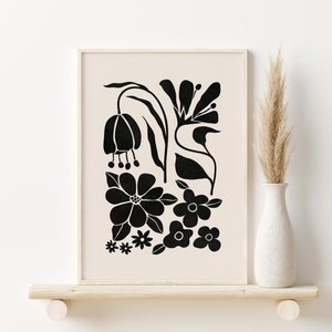 Black Beige Abstract Flowers Print, Boho Botanical Printable Wall Art, DIGITAL DOWNLOAD, Neutral Floral Illustration, Boho Wall Decor