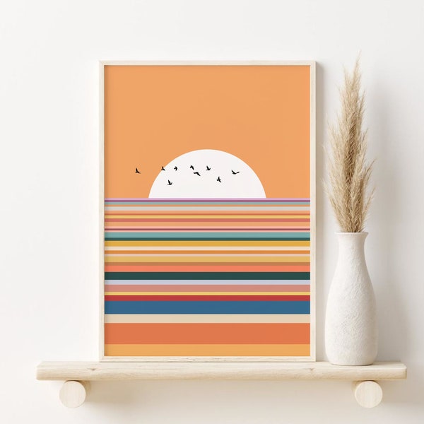 Abstract Sunset Print, Mid Century Modern Sun Ocean Printable Wall Art, DIGITAL DOWNLOAD, Colourful Wall Art, Retro Poster