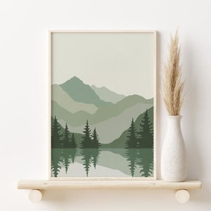 Sage Green Abstract Mountains Print, DIGITAL DOWNLOAD, Boho Landscape Printable Wall Art, Mid Century Modern Poster image 1