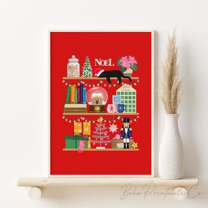 Christmas Shelf Art Print, Colorful Christmas Shelves Cat Printable Wall Art, Holiday Wall Decor, DIGITAL DOWNLOAD