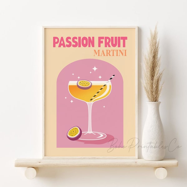 Passion Fruit Martini Print, Retro Cocktail druckbare Wandkunst, DIGITALER DOWNLOAD, Bar Cart Zeichen, buntes Cocktail Poster, Home Bar Decor