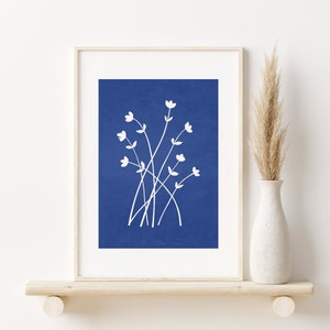 Abstract Botanical Print, Blue and White Floral PRINTABLE Wall Art, Minimalist Delicate Flowers Print, Modern Art Poster, DIGITAL DOWNLOAD