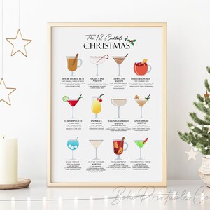 Impresión de 12 cócteles navideños, letrero de carrito de bar navideño, DESCARGA DIGITAL, arte de pared imprimible para carrito de bar, decoración de bar navideño, póster de cócteles