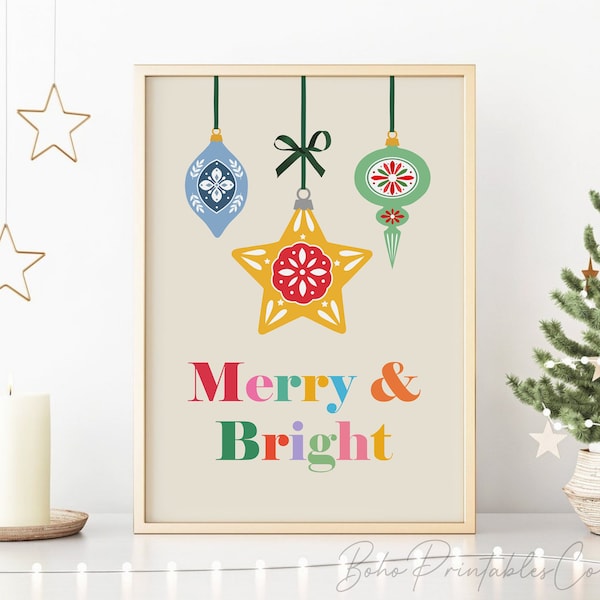 Merry and Bright Print, Christmas Ornaments Printable Wall Art, Colorful Holiday Decor, DIGITAL DOWNLOAD, Christmas Decorations Phrase Print