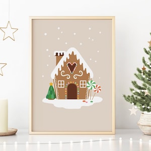 Gingerbread House Print, Christmas Printable Wall Art, Modern Holiday Decor, DIGITAL DOWNLOAD, Holiday Poster
