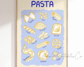 パスタプリント、パスタの種類のプリント、パスタガイドの印刷可能な壁アート、デジタルダウンロード、トレンディなキッチンの壁の装飾、楽しい手描きのパスタポスター