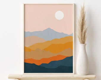 Abstract Landscape PRINTABLE Wall Art, Mustard Navy Orange Abstract Mountains Print, Boho Wall Art, Minimalist Print, DIGITAL DOWNLOAD