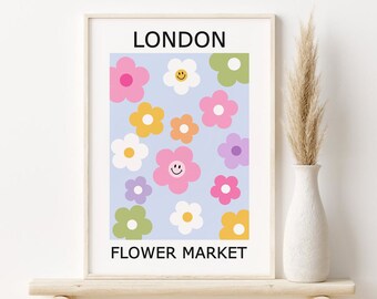 Flower Market Print, Cute Daisy Print, DIGITAL DOWNLOAD, Pastel Danish Printable Wall Art, London Flower Market Poster, Retro Wall Decor