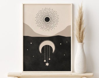 Impresión de sol y luna, Boho Printable Wall Art, Celestial Print, Mid Century Modern Art, Abstract Print, Neutral Wall Art, Boho Home Decor