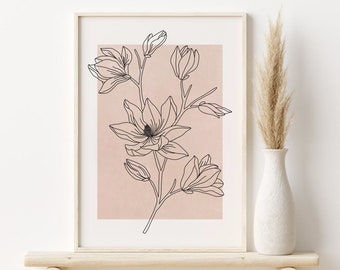 Botanische lijntekeningen print, afdrukbare muurkunst, bloemen lijntekeningen neutrale toon, minimale botanische poster, digitale download, boho Home decor