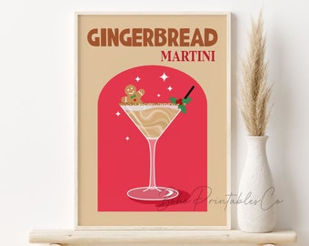 Christmas Cocktail Print, DIGITAL DOWNLOAD, Gingerbread Martini Printable Wall Art, Christmas Bar Cart Sign, Retro Cocktail Poster
