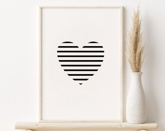 Black and White Heart Print, Printable Wall Art, Minimalist Striped Heart Poster, Geometric Wall Art, Scandinavian Print, DIGITAL DOWNLOAD