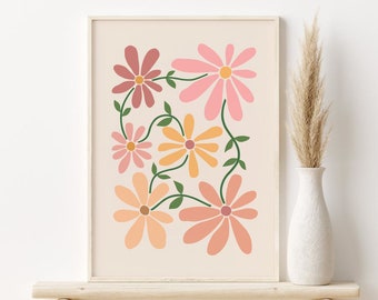 Boho Floral Print, Abstract Flowers Printable Wall Art, DIGITAL DOWNLOAD, Flower Market Poster, Beige Terracotta Blush Pink Daisy Print