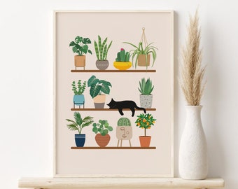 House Plants Print, Cat and Plants Printable Wall Art, DIGITAL DOWNLOAD, Plant Lover Gift, Potted Indoor Plants Poster, Boho Wall Decor
