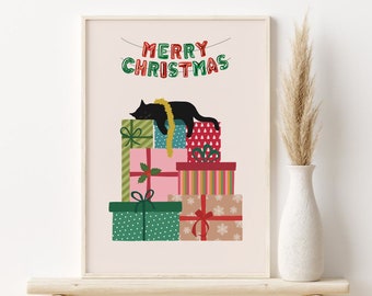 Christmas Cat Print, Christmas Presents Printable Wall Art, DIGITAL DOWNLOAD, Holiday Wall Decor, Festive Wall Art, Cat Lover Print