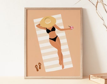 Impression bikini, art mural imprimable femme plage se faisant bronzer, téléchargement numérique, décoration de chambre plage, jolie affiche d'été, décoration murale côtière tendance