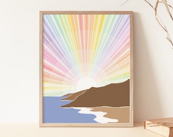 Arte de pared imprimible con paisaje abstracto bohemio, impresión artística de rayos de sol, póster de sol, impresión minimalista de sol naciente, decoración boho, descarga digital