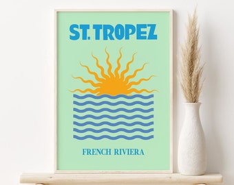 St Tropez Travel Print, DIGITAL DOWNLOAD, Colourful Wall Art, Retro Travel Poster, PRINTABLE Wall Art, Trendy Wall Decor