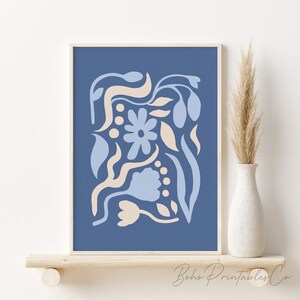 Impresión de arte de pared en azul marino y beige, arte de pared imprimible con recortes botánicos inspirados en Matisse, DESCARGA DIGITAL, arte de pared con formas orgánicas florales