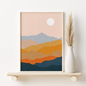 Abstract Landscape PRINTABLE Wall Art, Mustard Navy Orange Abstract Mountains Print, Boho Wall Art, Minimalist Print, DIGITAL DOWNLOAD