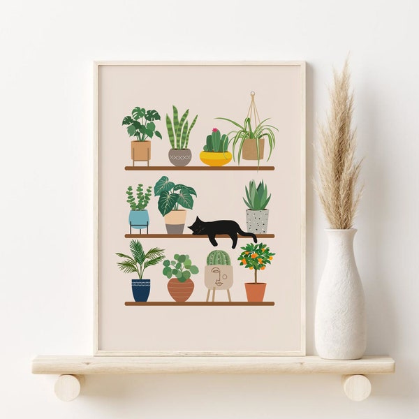 House Plants Print, Cat and Plants Printable Wall Art, DIGITAL DOWNLOAD, Plant Lover Gift, Potted Indoor Plants Poster, Boho Wall Decor