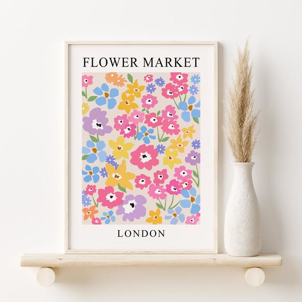 Flower Market Print, London Flower Market Poster, DIGITAL DOWNLOAD, Abstract Floral Print, Printable Wall Art, Pink Pastel Wall Decor