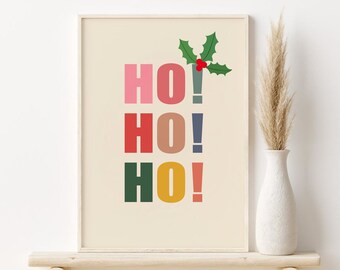 Impresión de Ho Ho Ho, arte de pared imprimible navideño, DESCARGA DIGITAL, impresión navideña colorida, arte moderno de mediados de siglo, decoración de pared navideña