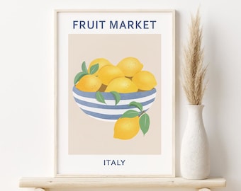 Lemon Print, Lemons Fruit Market Print, DIGITAL DOWNLOAD Abstract Fruit Print, Botanical Poster, Boho Wall Decor, Kitchen Printable Wall Art