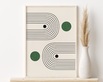 May include: A framed print with a minimalist design featuring black curved lines and green circles on a cream background.